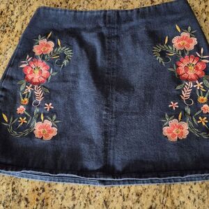Francesca's, Mi Ami Embroidery Floral Design, Cotton Denim Skirt